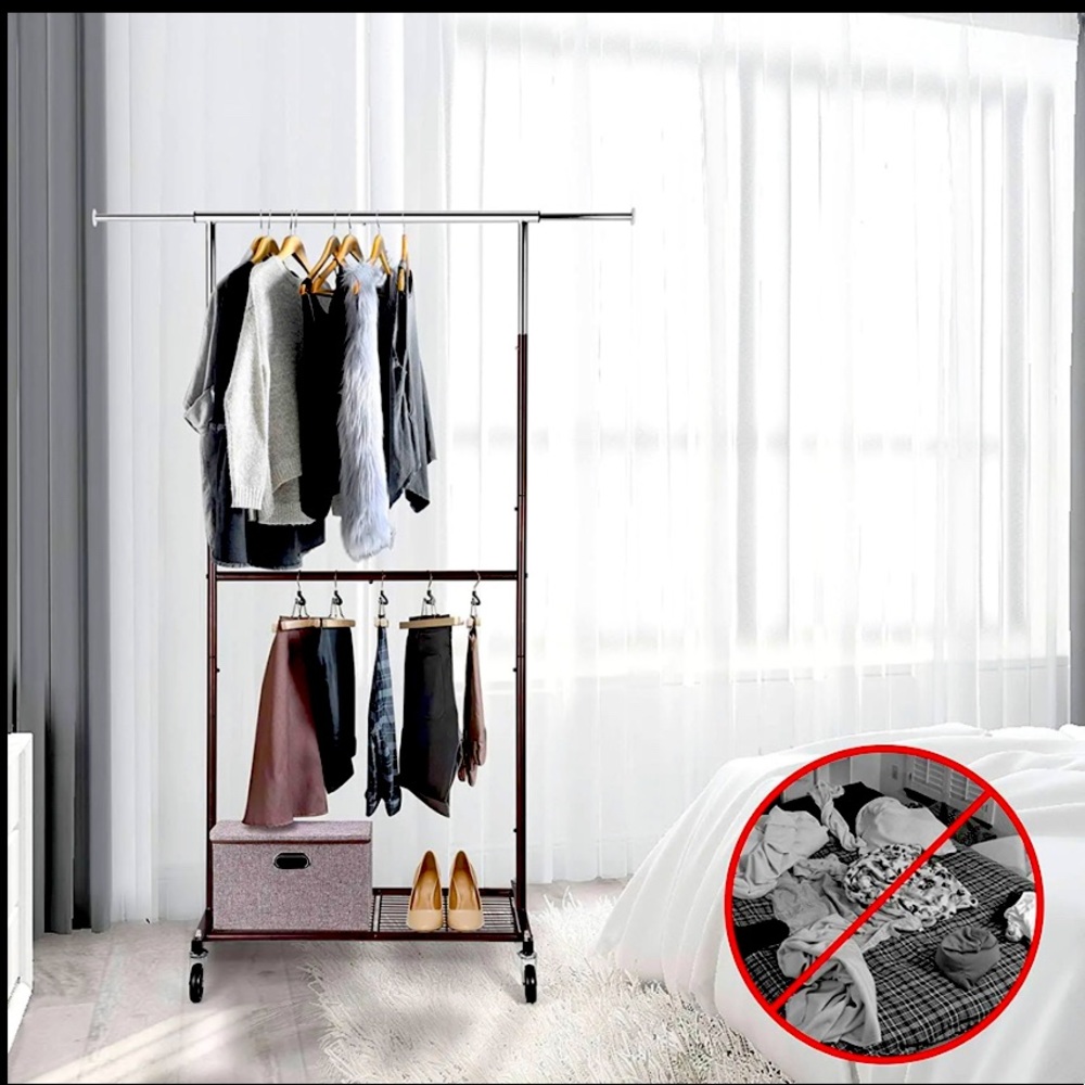 Simple Trending Double Rod Clothing Garment Rack w/shelf on wheels